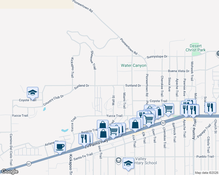 map of restaurants, bars, coffee shops, grocery stores, and more near 7124 Wall Street in Yucca Valley