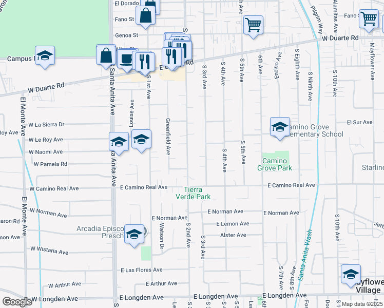 map of restaurants, bars, coffee shops, grocery stores, and more near 1406 South 2nd Avenue in Arcadia