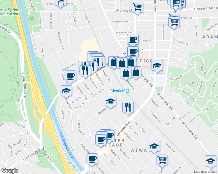 map of restaurants, bars, coffee shops, grocery stores, and more near 3812 Dover Street in Los Angeles