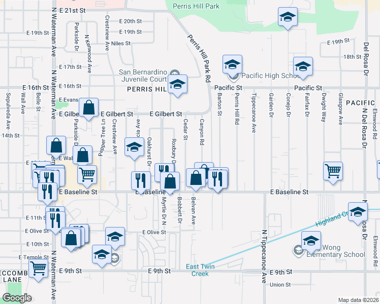 map of restaurants, bars, coffee shops, grocery stores, and more near 1325 Cedar Street in San Bernardino