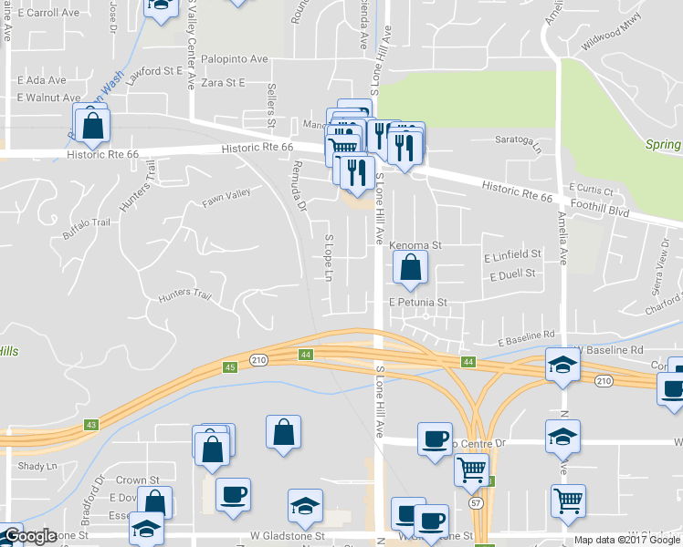 map of restaurants, bars, coffee shops, grocery stores, and more near 817 Caballo Avenue in Glendora