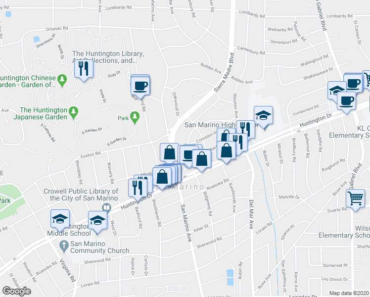 map of restaurants, bars, coffee shops, grocery stores, and more near 2305 Ridgeway Road in San Marino