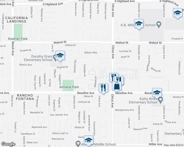 map of restaurants, bars, coffee shops, grocery stores, and more near 15930 Harmony Lane in Fontana