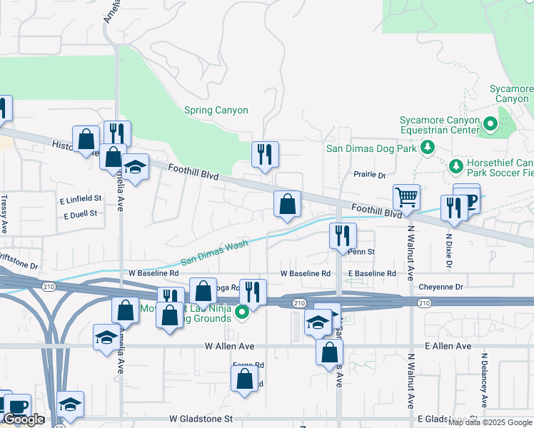 map of restaurants, bars, coffee shops, grocery stores, and more near 257 West Woodland Oaks Drive in San Dimas