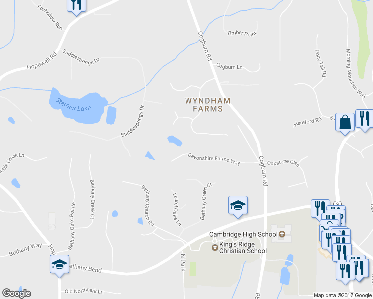 map of restaurants, bars, coffee shops, grocery stores, and more near 605 Devonshire Farms Way in Alpharetta