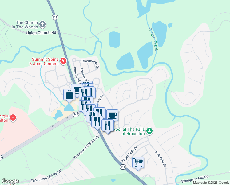 map of restaurants, bars, coffee shops, grocery stores, and more near 6915 White Walnut Way in Braselton