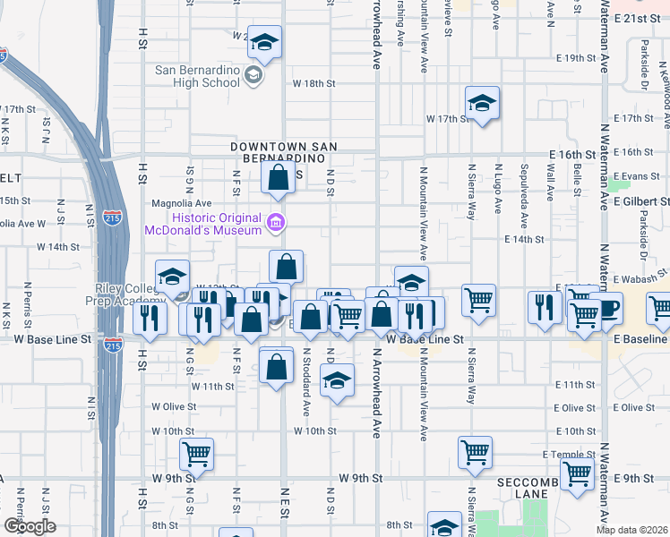 map of restaurants, bars, coffee shops, grocery stores, and more near 395 West Wabash Street in San Bernardino