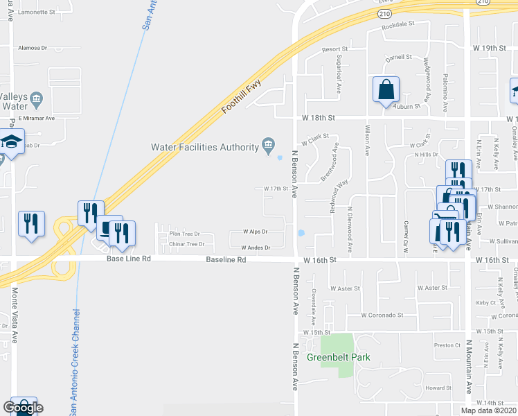 map of restaurants, bars, coffee shops, grocery stores, and more near 1671 North Rocky Road in Upland