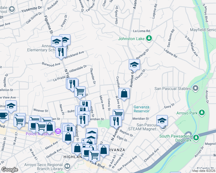 map of restaurants, bars, coffee shops, grocery stores, and more near 6276 Church Street in Los Angeles