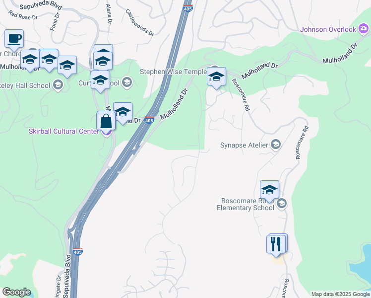 map of restaurants, bars, coffee shops, grocery stores, and more near 15514 Casiano Court in Los Angeles