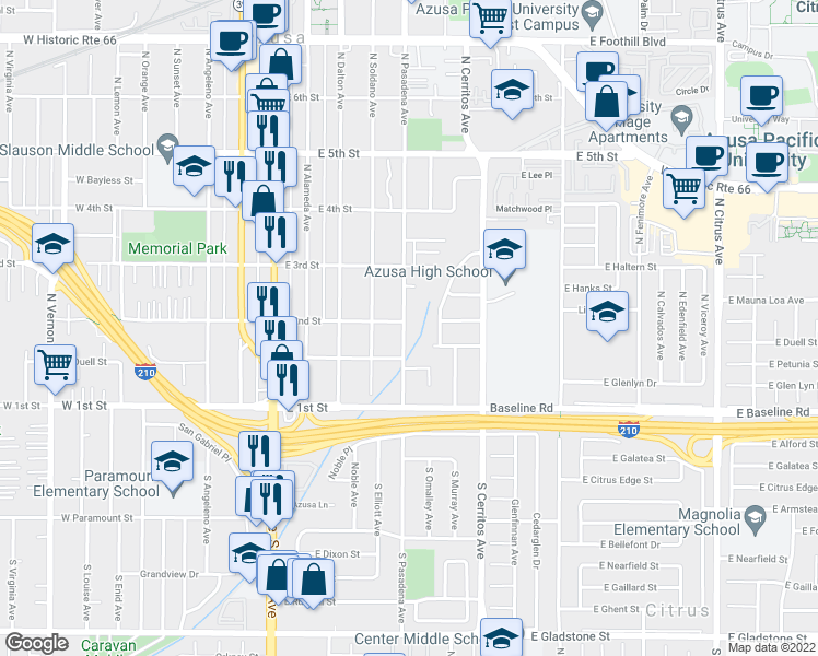 map of restaurants, bars, coffee shops, grocery stores, and more near 172 North Pasadena Avenue in Azusa