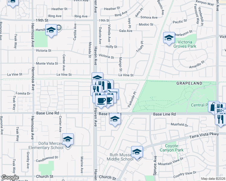 map of restaurants, bars, coffee shops, grocery stores, and more near 7175 Summerfield Place in Rancho Cucamonga