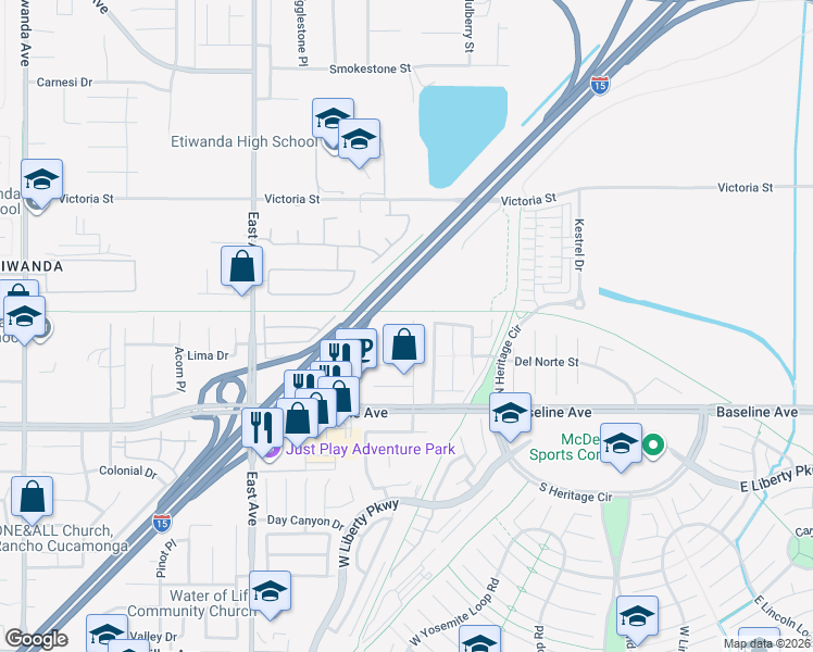map of restaurants, bars, coffee shops, grocery stores, and more near 7136 Las Palmas Drive in Fontana