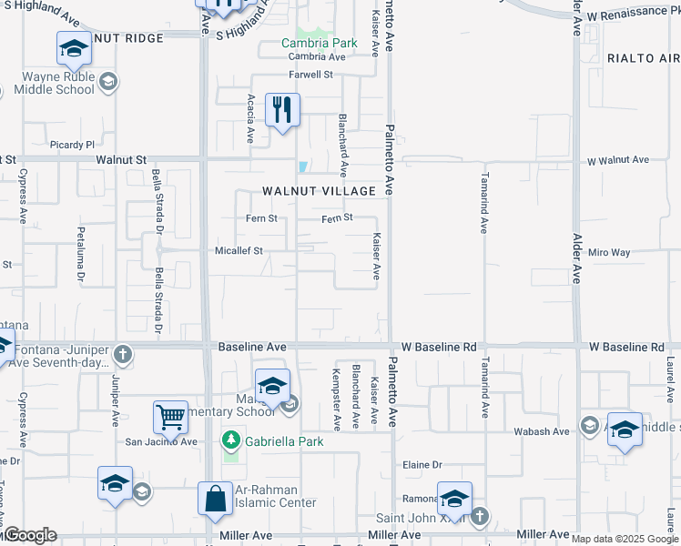 map of restaurants, bars, coffee shops, grocery stores, and more near 7159 Kempster Avenue in Fontana