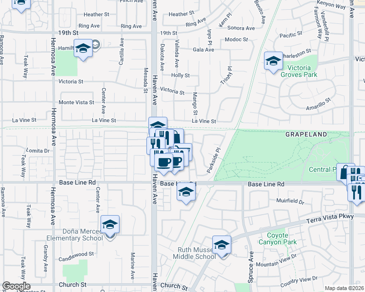 map of restaurants, bars, coffee shops, grocery stores, and more near 7175 Summerfield Place in Rancho Cucamonga