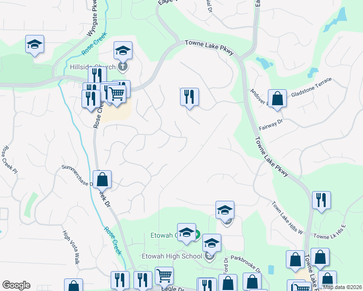 map of restaurants, bars, coffee shops, grocery stores, and more near 2504 Garden Plum Way in Woodstock