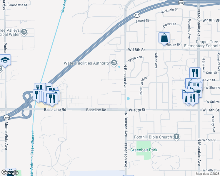 map of restaurants, bars, coffee shops, grocery stores, and more near 1671 North Rocky Road in Upland
