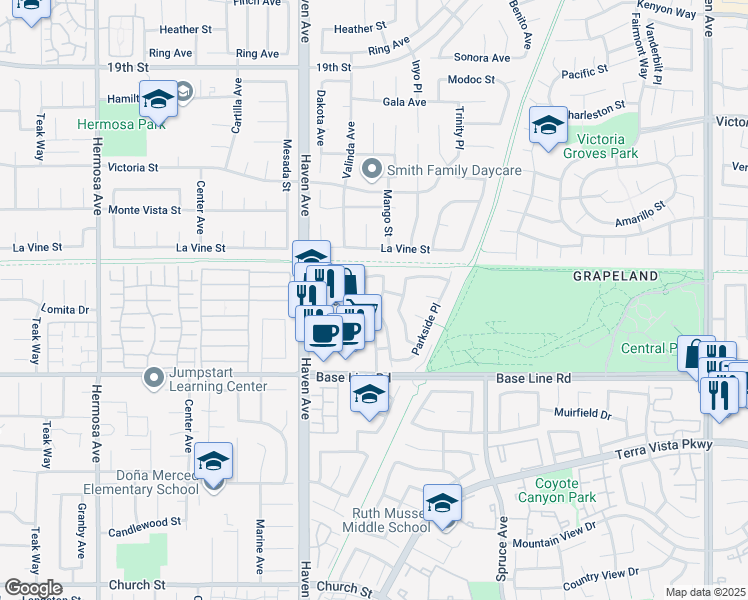 map of restaurants, bars, coffee shops, grocery stores, and more near 7192 Meadowlark Place in Rancho Cucamonga