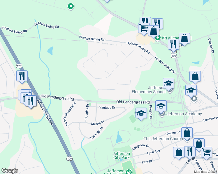 map of restaurants, bars, coffee shops, grocery stores, and more near 176 Brittany Lane in Jefferson