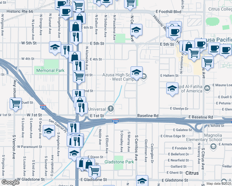 map of restaurants, bars, coffee shops, grocery stores, and more near 172 North Pasadena Avenue in Azusa