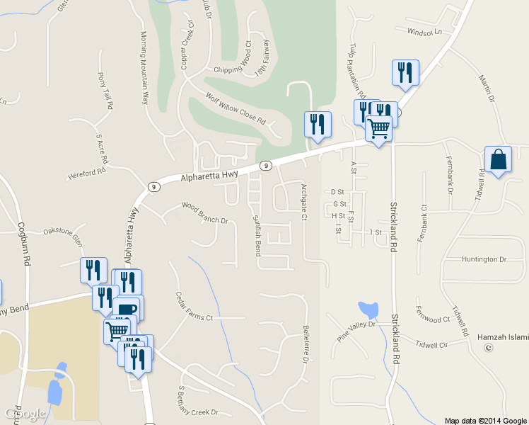 map of restaurants, bars, coffee shops, grocery stores, and more near 14111 Yacht Terrace in Alpharetta