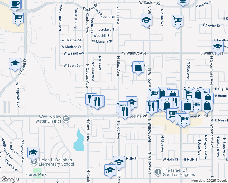 map of restaurants, bars, coffee shops, grocery stores, and more near 506 West Mariposa Drive in Rialto