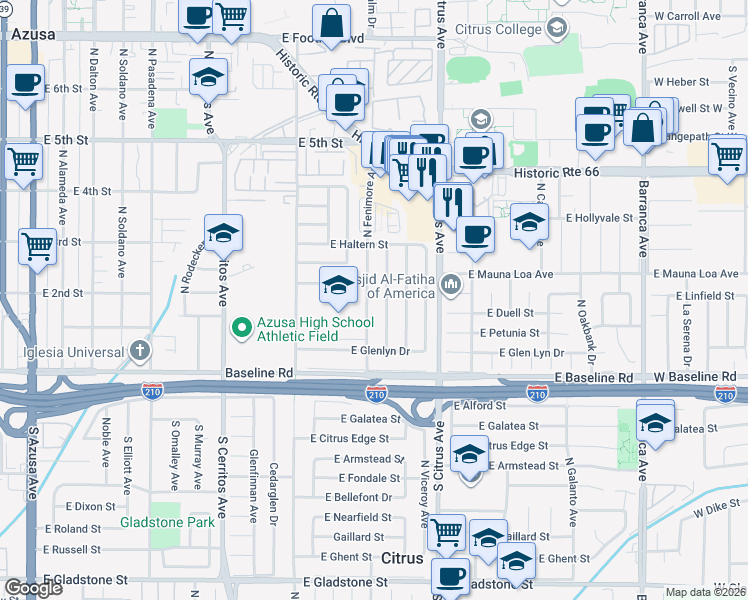 map of restaurants, bars, coffee shops, grocery stores, and more near 151 North Calvados Avenue in Azusa
