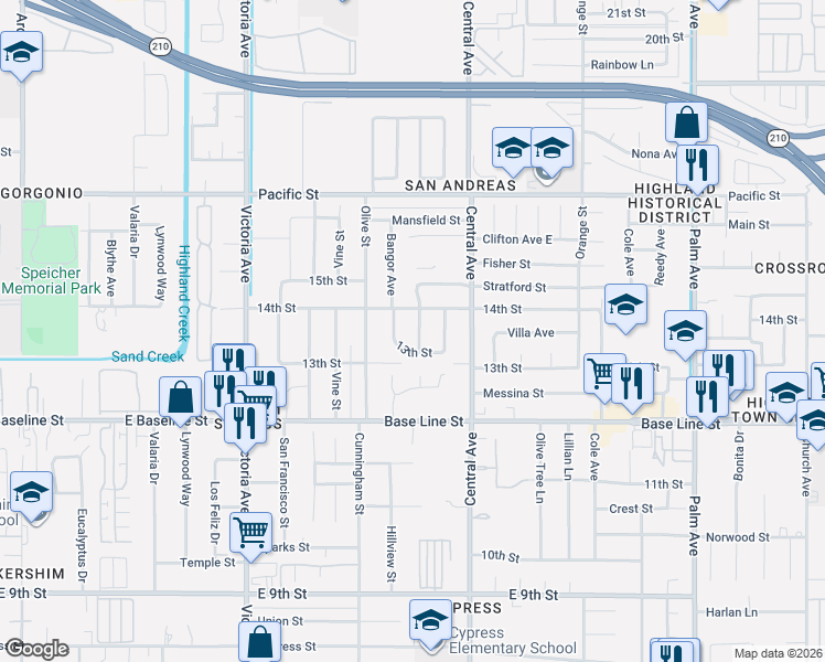 map of restaurants, bars, coffee shops, grocery stores, and more near 26748 13th Street in Highland