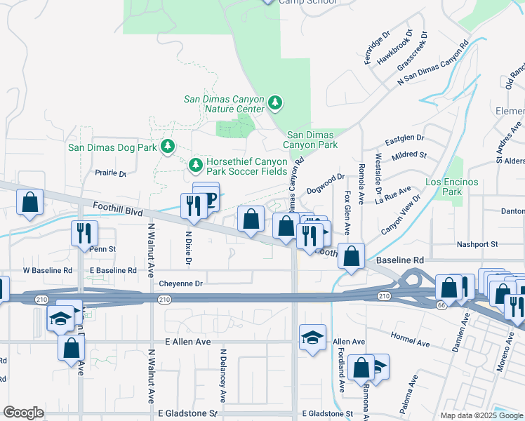 map of restaurants, bars, coffee shops, grocery stores, and more near 596 Canyon Hill Road in San Dimas