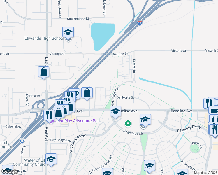 map of restaurants, bars, coffee shops, grocery stores, and more near 7120 Webb Court in Fontana