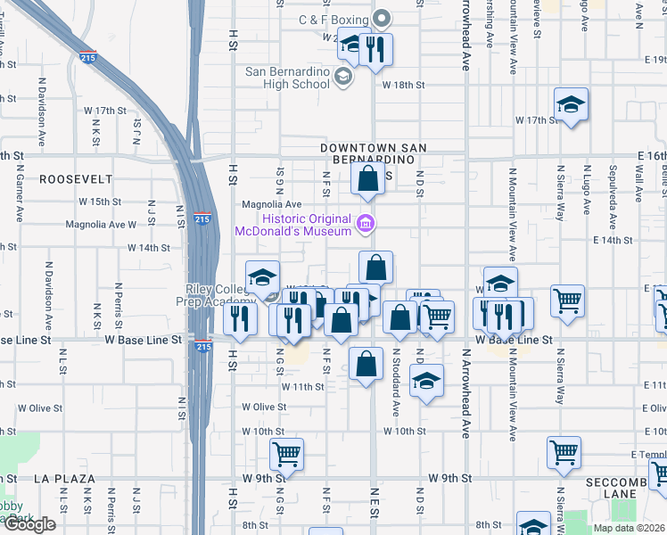 map of restaurants, bars, coffee shops, grocery stores, and more near 1341 North F Street in San Bernardino