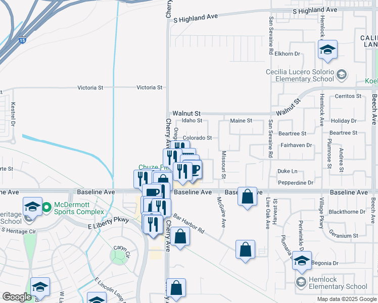map of restaurants, bars, coffee shops, grocery stores, and more near 14581 Nevada Court in Fontana