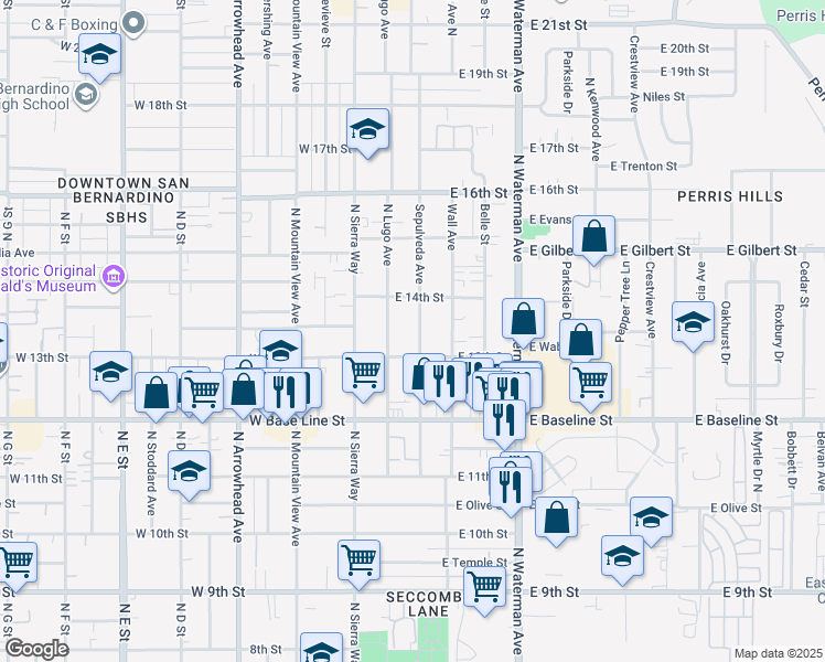 map of restaurants, bars, coffee shops, grocery stores, and more near 172 East 13th Street in San Bernardino