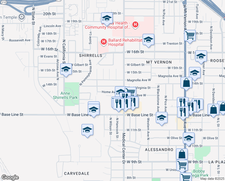 map of restaurants, bars, coffee shops, grocery stores, and more near 1665 Home Avenue West in San Bernardino
