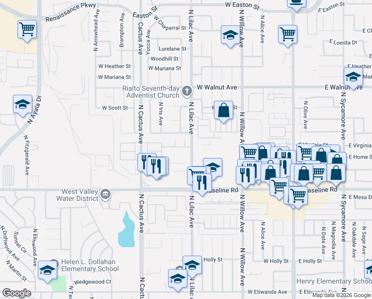 map of restaurants, bars, coffee shops, grocery stores, and more near 506 West Mariposa Drive in Rialto