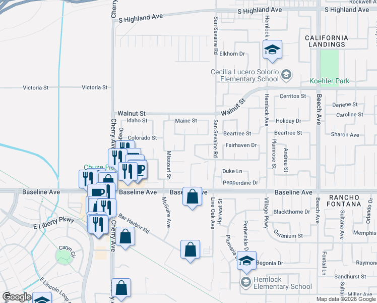 map of restaurants, bars, coffee shops, grocery stores, and more near 14823 Westgate Drive in Fontana
