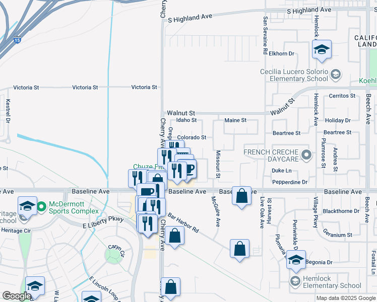 map of restaurants, bars, coffee shops, grocery stores, and more near 14615 Arizona Street in Fontana