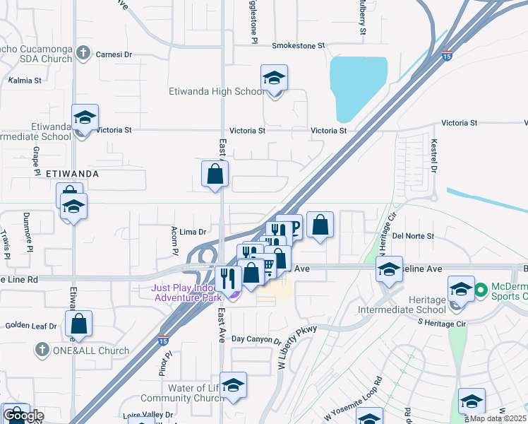 map of restaurants, bars, coffee shops, grocery stores, and more near 22 Shooting Star Way in Rancho Cucamonga