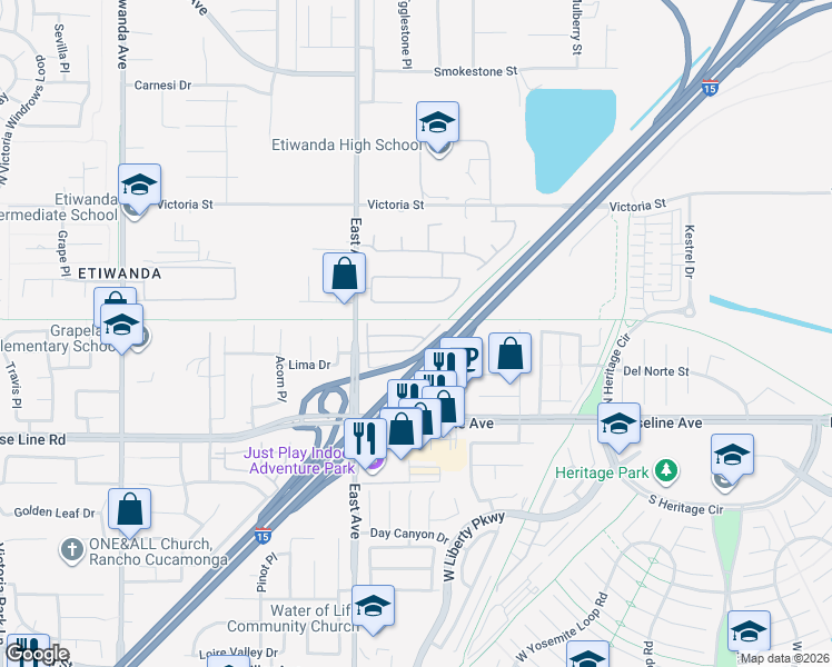 map of restaurants, bars, coffee shops, grocery stores, and more near 22 Shooting Star Way in Rancho Cucamonga