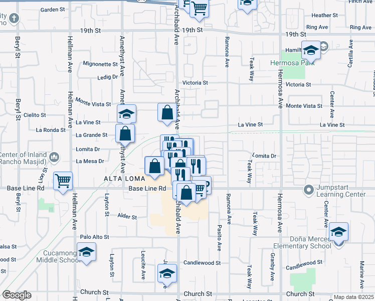 map of restaurants, bars, coffee shops, grocery stores, and more near 7149 Archibald Avenue in Rancho Cucamonga