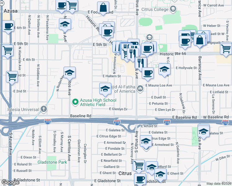 map of restaurants, bars, coffee shops, grocery stores, and more near 151 North Calvados Avenue in Azusa