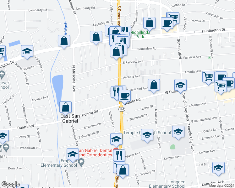map of restaurants, bars, coffee shops, grocery stores, and more near 6925 Rosemead Boulevard in San Gabriel