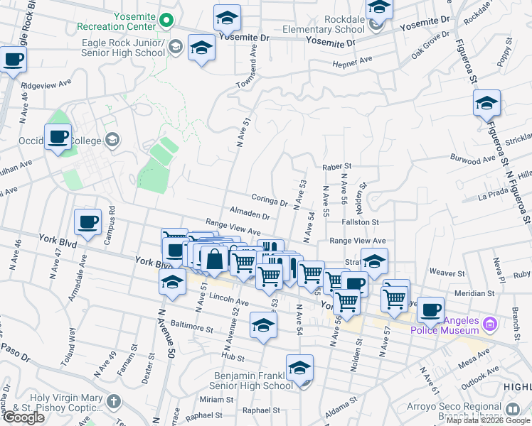 map of restaurants, bars, coffee shops, grocery stores, and more near 5209 Range View Avenue in Los Angeles