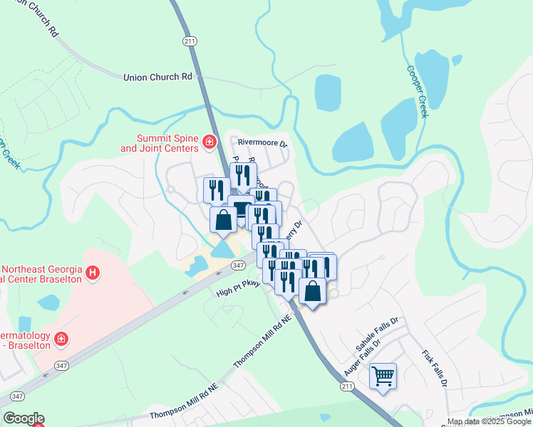 map of restaurants, bars, coffee shops, grocery stores, and more near 6133 Mulberry Park Drive in Braselton