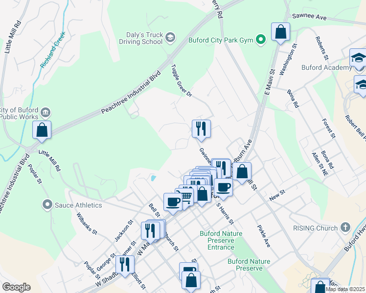 map of restaurants, bars, coffee shops, grocery stores, and more near 2143 Buford Town Drive in Buford