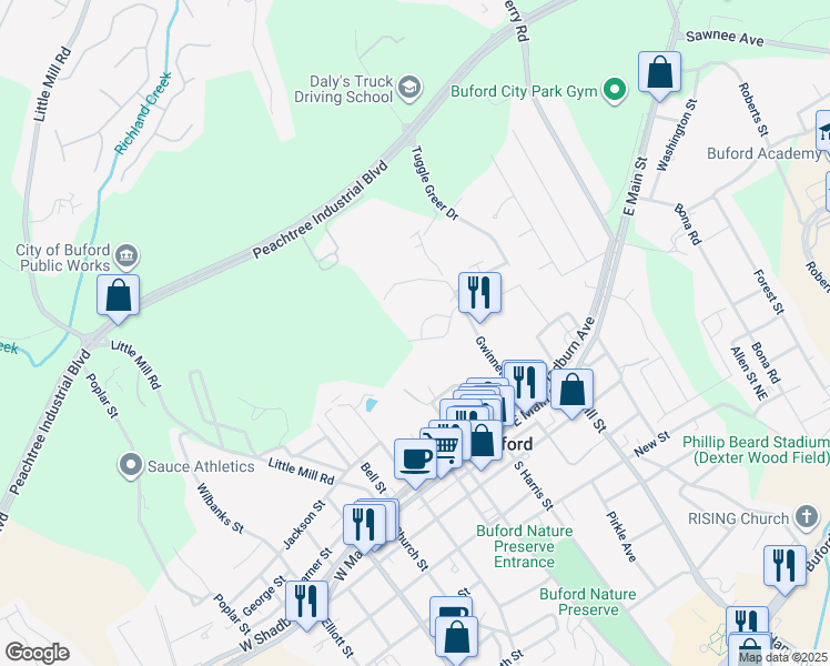 map of restaurants, bars, coffee shops, grocery stores, and more near 2143 Buford Town Drive in Buford