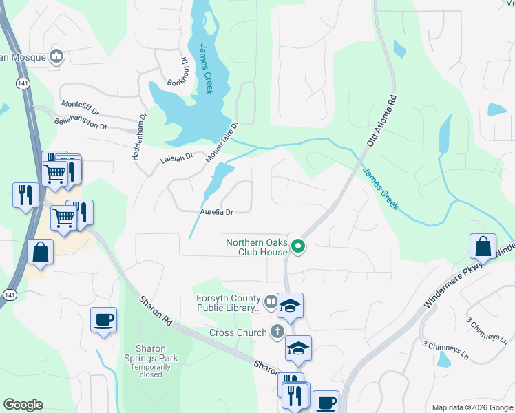 map of restaurants, bars, coffee shops, grocery stores, and more near 1780 Aurelia Drive in Cumming