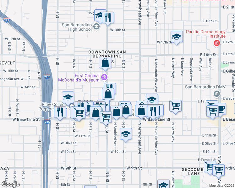 map of restaurants, bars, coffee shops, grocery stores, and more near 1339 North Stoddard Avenue in San Bernardino