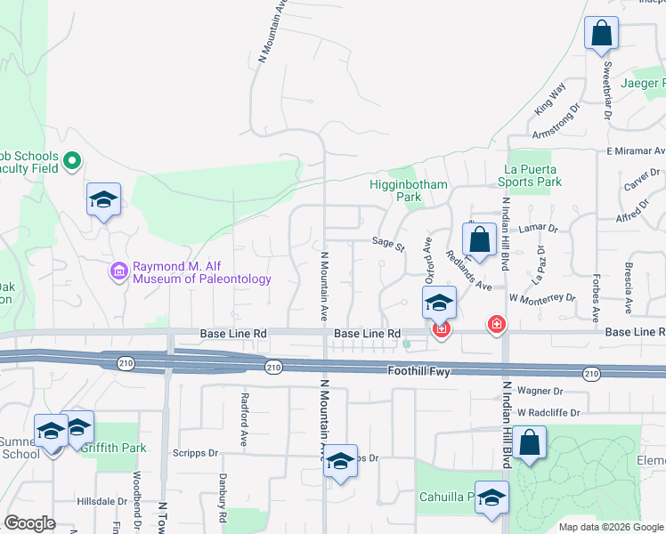 map of restaurants, bars, coffee shops, grocery stores, and more near 2965 North Mountain Avenue in Claremont