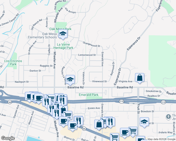 map of restaurants, bars, coffee shops, grocery stores, and more near 4699 Madera Drive in La Verne
